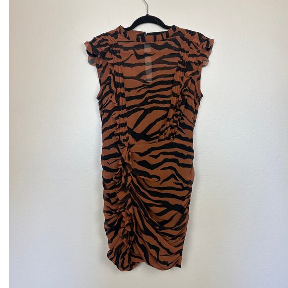 AllSaints Animal Print Hali Zephyr Chiffon Ruffle Cinched Mini Dress 6 - Picture 2 of 7